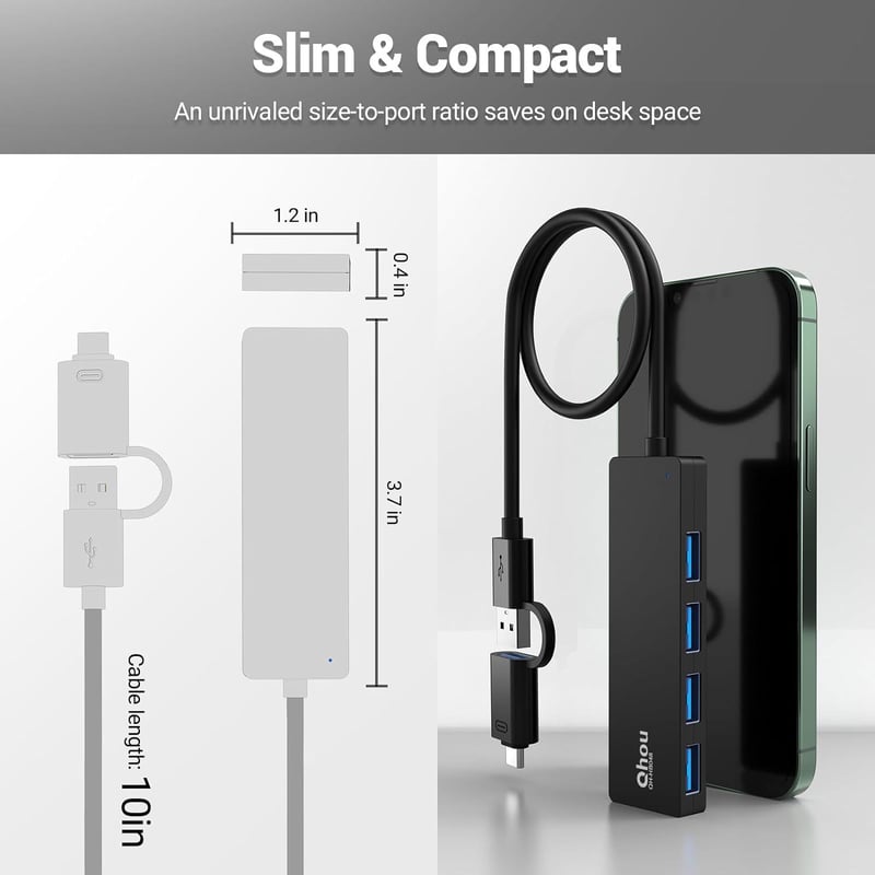 Qhou 4 Portos USB 3.0 Hub - Gyors Adatátvitel, USB-C Csatlakozás