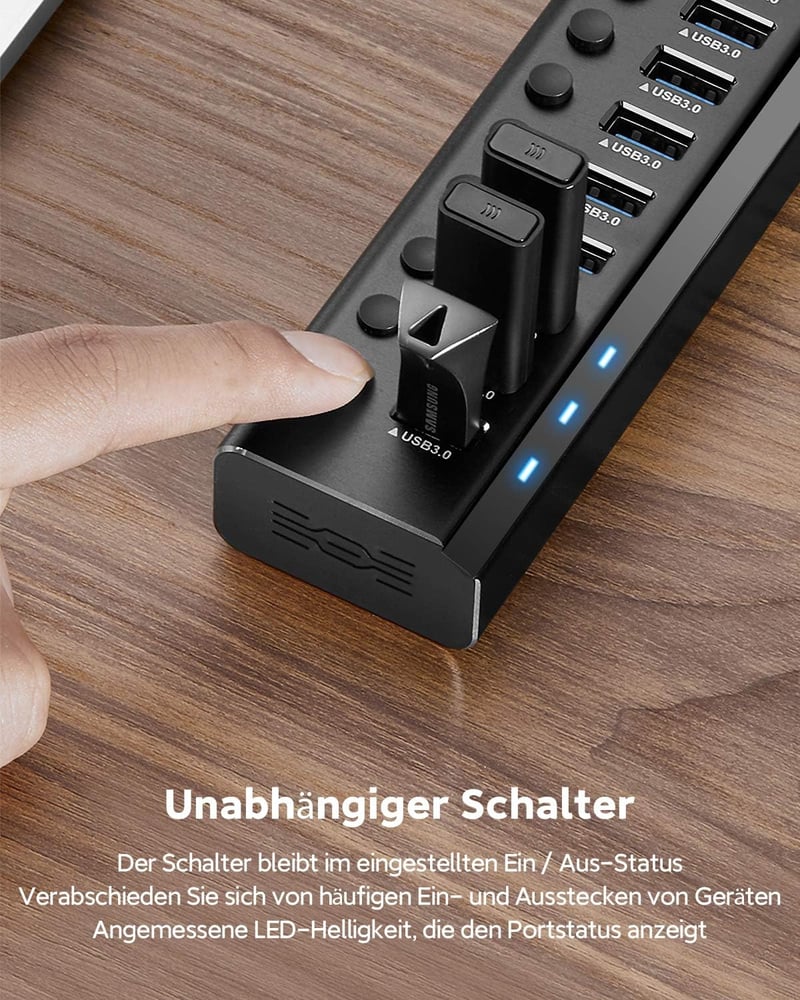 RSHTECH USB 3.0 Hub 10 Port Aktív Alumínium Elosztó 36W Tápegységgel