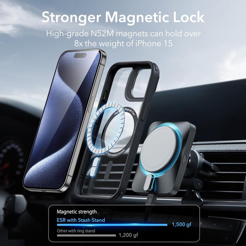 iPhone 15 Pro Max MagSafe-kompatibilis katonai védőtok rejtett állvánnyal - ESR Classic, fekete