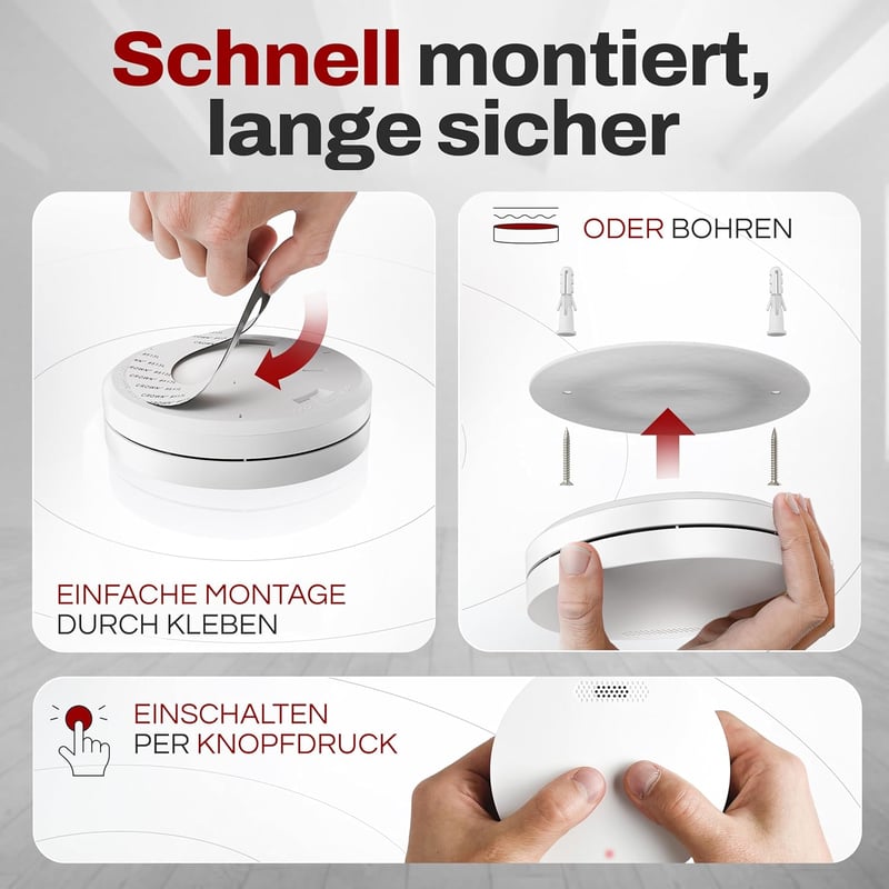 ALPENLUFT 3 db Füstérzékelő 10 Éves élettartammal- Lapos Tűzjelző Készlet Hálószobákba, LED Villogás Nélkül, Fúrás Nélküli Telepítés
