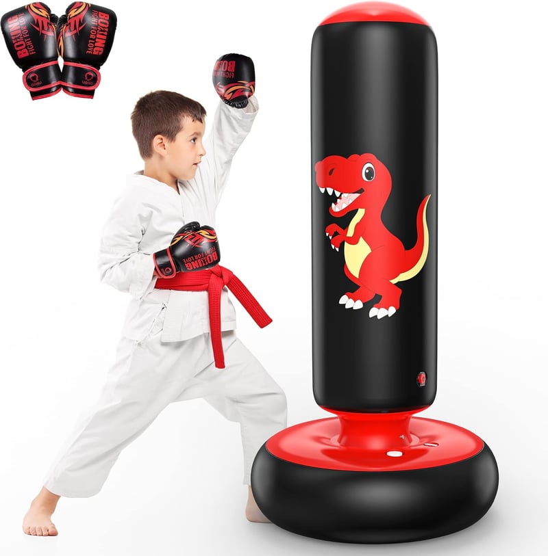 QPAU Felfújható Állóboxzsák Gyerekeknek 3-8 Éves Korig - Karate, Taekwondo, MMA Gyakorló Szett Kesztyűvel, 122 cm Magas, Kék