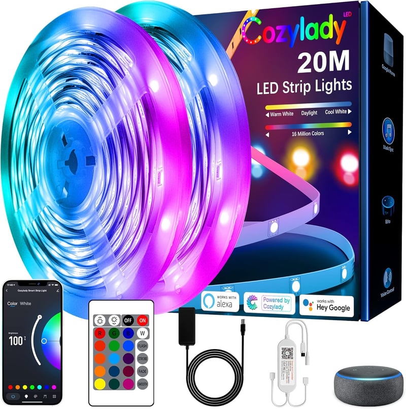Cozylady 20m WiFi Okos LED Szalag Távirányítóval - RGB Színváltós Fényfüzér Alexa és Google Asszisztens Kompatibilitással, Zenére Szinkroniz