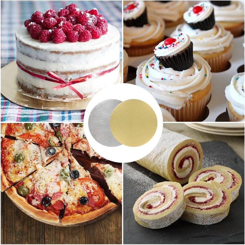 Helweet Tortaalátét Szett - 8 db Kerek Arany és Ezüst Karton Tortalap 20,3 cm - Csúszásgátló Textúrával Süteményekhez, Tortákhoz és Pizzához