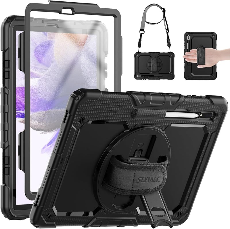 SEYMAC Samsung Galaxy Tab S7 FE/S8 Plus/S7 Plus 12,4" Védőtok Beépített Képernyővédővel, 360° Forgatható Állvánnyal, Kéz- és Vállpánttal, To