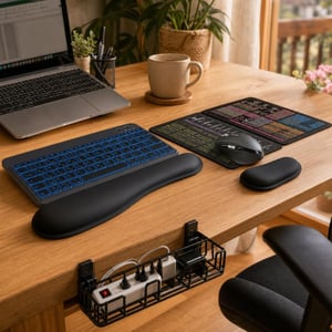 Set birou organizat: tastatură iluminată + mouse multi-device + 2 mousepad-uri + suport încheietură