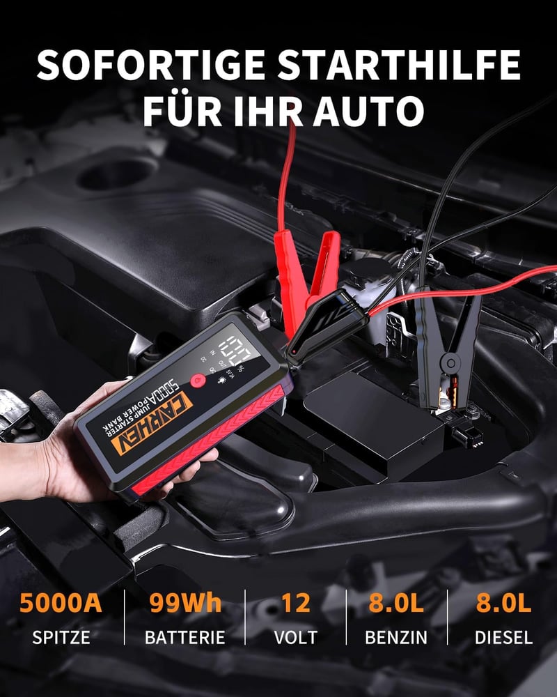 CARHEV 5000A Autós Indításrásegítő Powerbank, 12V Bikázó 8.0L Benzin/Dízel Motorokhoz, 26800mAh USB Gyorstöltő, LED Lámpa, IP65