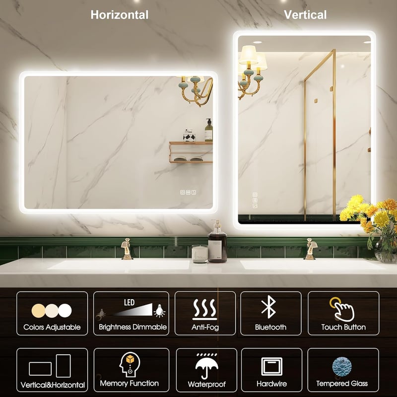 STARLEAD Fürdőszobai Tükör 100x70 cm - Bluetooth Hangszóróval, Páramentesítő, Fényerőszabályzó, 3 Színhőmérséklet, Edzett Üveg, Vízálló IP44