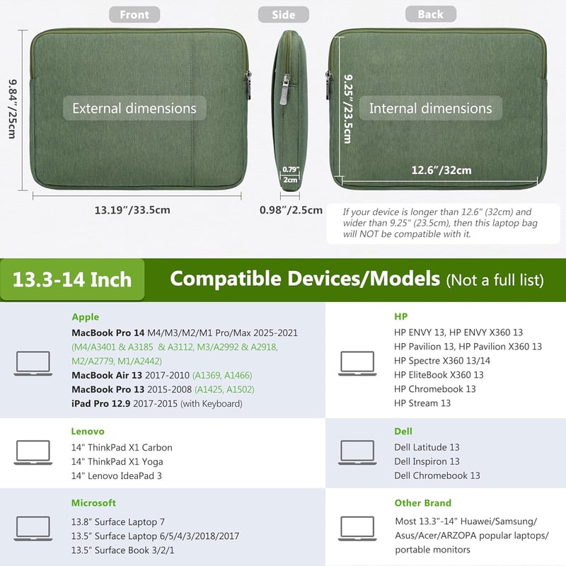 HYZUO 13,3-14 Colos Laptop Táska Szett MacBook Pro/Air, Surface Book, HP, Dell, Lenovo, Asus, Acer Készülékekhez - Fűzöld