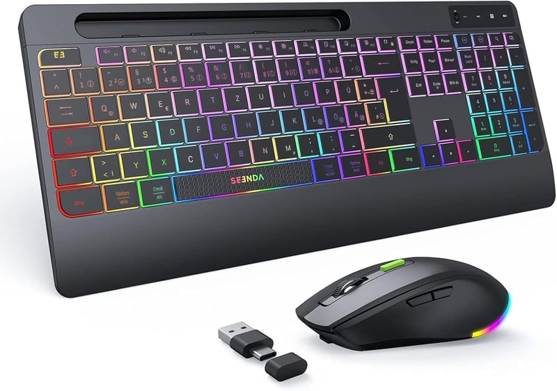 seenda Vezeték Nélküli Billentyűzet-Egér Szett, RGB Háttérvilágítással, Csuklótámasszal, USB/Type-C, Telefontartóval, QWERTZ, PC/Mac