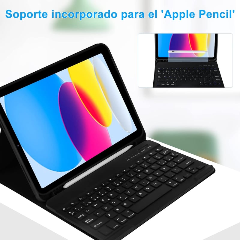 iPad 10. generációs bluetooth billentyűzetes tok, tollartóval, spanyol kiosztással