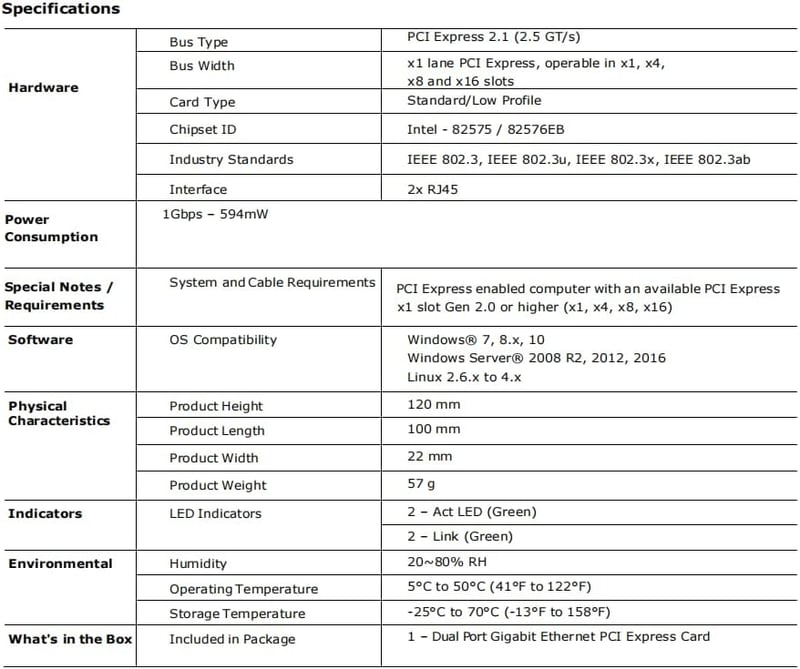 Intel 82575 Dual-Port PCIe Gigabit Hálózati Kártya, PXE Támogatással, Alacsony Profilú