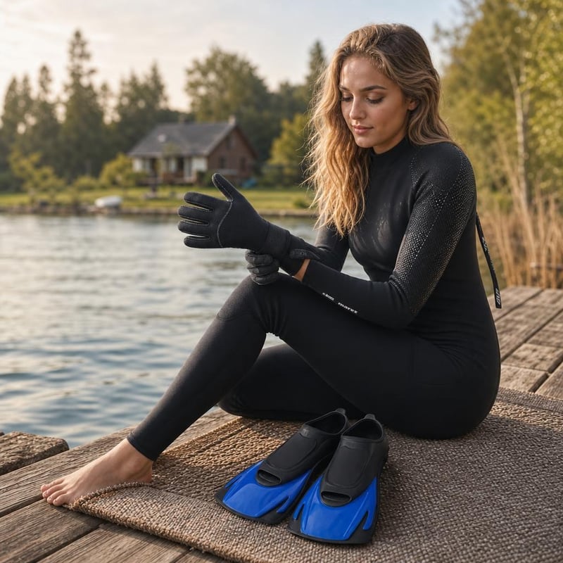 Echipament scufundări lac: 1x mănuși neopren 3mm + 1x costum neopren 3mm + 1x labe înot scurte