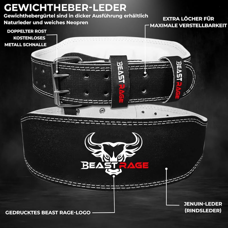 BEAST RAGE Bőr Súlyemelő Öv - 4" Párnázott Edzőtermi Derékszorító Testépítéshez, 10 Állítható Lyukkal, Fekete, S-es Méret