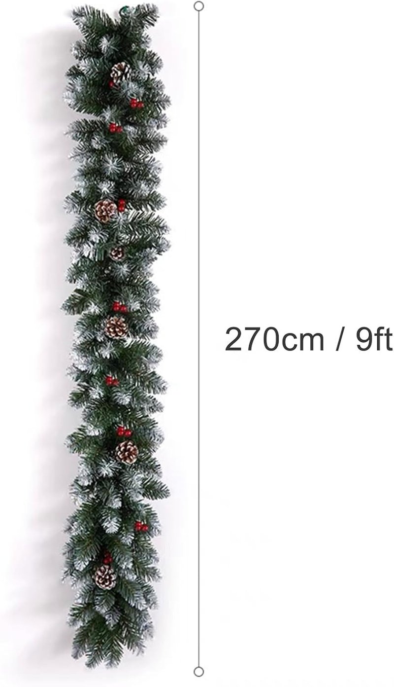 VTERLY 270 cm Karácsonyi Fenyőfüzér Tobozokkal és Piros Bogyókkal - Beltéri és Kültéri Dekoráció Lépcsőre, Kandallóra, Asztalra