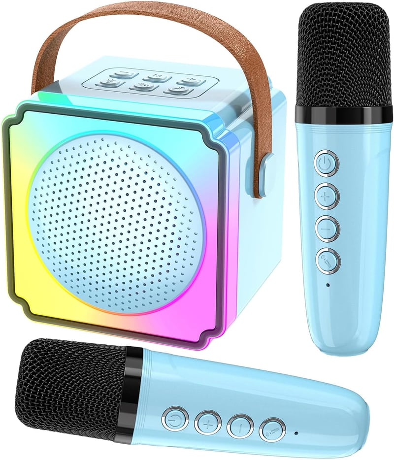 Joycome Gyermek Karaoke Gép 2 Mikrofonnal - Bluetooth Hordozható Rendszer Hangeffektekkel, LED Fényekkel, 3-18 Éves Fiúknak, Lányoknak, Kék