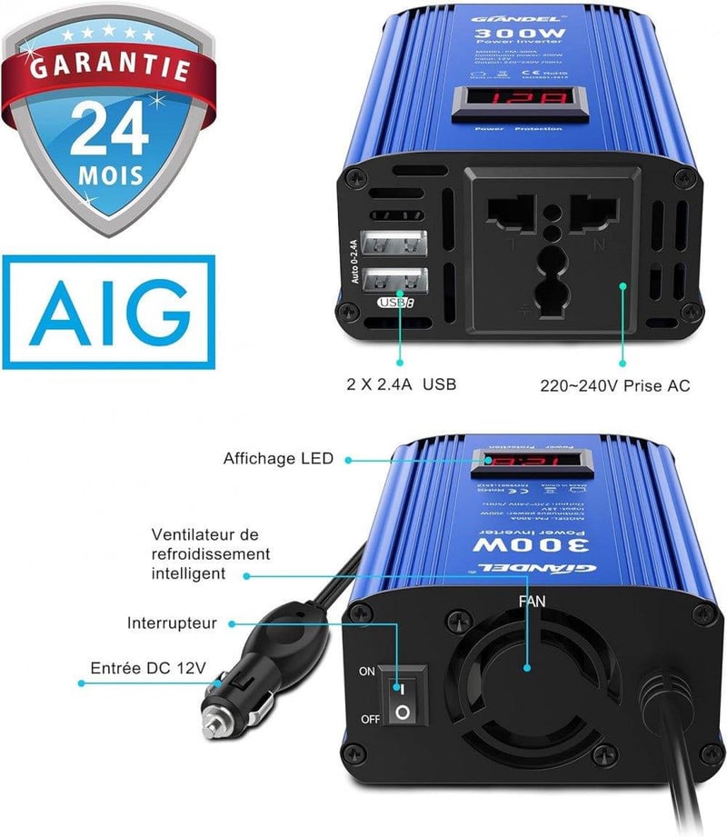 GIANDEL 300W Szivargyújtós Inverter LED Kijelzővel, USB-vel - 12V/220V Autós Áramátalakító