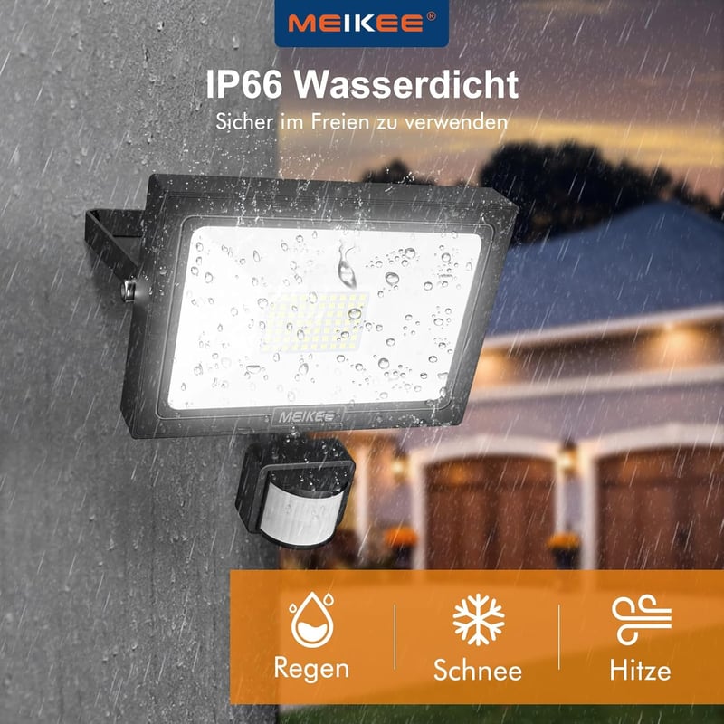 MEIKEE 60W LED Reflektor Mozgásérzékelővel - 5200 Lumen Távirányítós Kültéri Lámpa, IP66 Vízálló, Időzíthető, Fényerő Szabályozható, Fekete