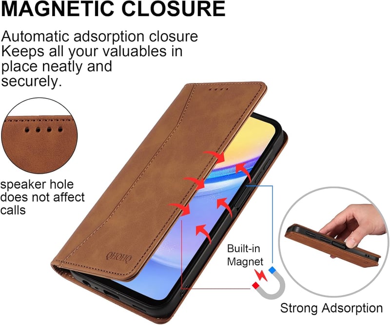 QHOHQ Samsung Galaxy A15 4G/5G Prémium Bőr Flip Tok RFID Védelemmel és Edzett Üveg Fóliával - Mágneses Összecsukható Védőtok Multifunkciós K