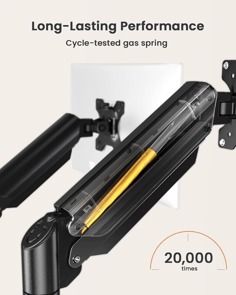ErGear Dupla Monitortartó 17-32 Colos Képernyőkhöz, Gázrugós Karos Állvány, 2x10kg Teherbírás, VESA 75/100, Asztali Rögzítés, Fekete