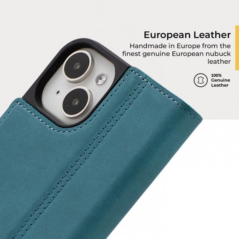 iPhone 15 Türkizkék Bőr Pénztárcatáska Kártyatartóval és Állvánnyal