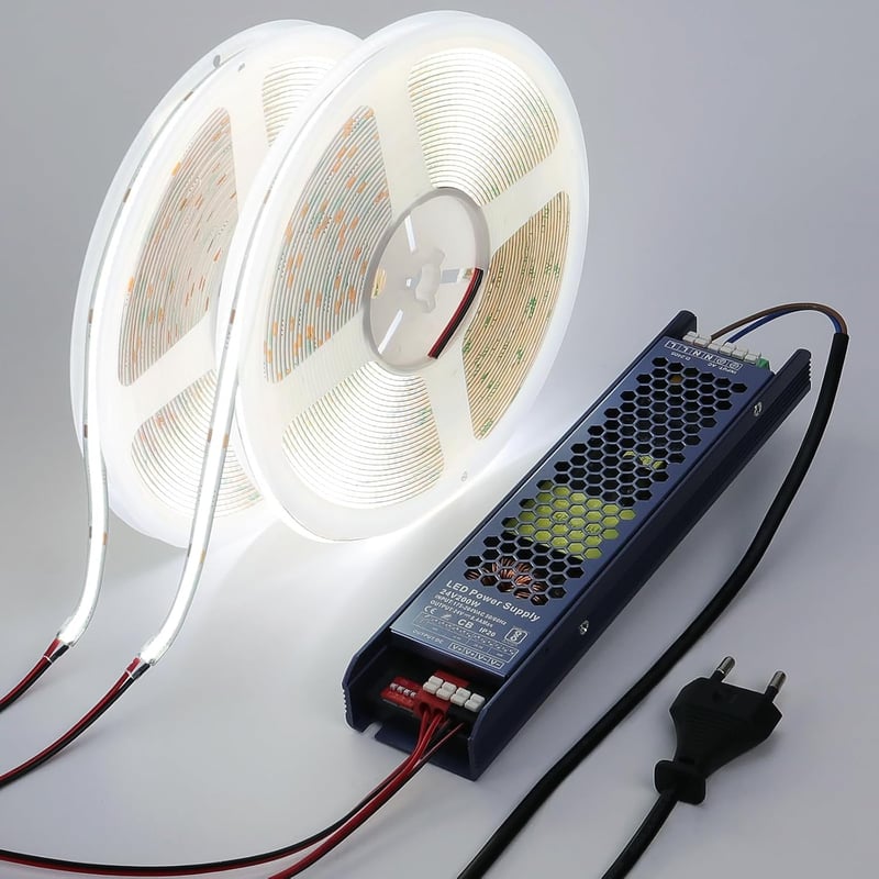 BENLUN COB LED Szalag 20m, 24V, 6000K Hideg Fehér, Öntapadós, 312 LED/m, CRI93, Vágható, Tápegységgel, Hálószoba Dekorációhoz