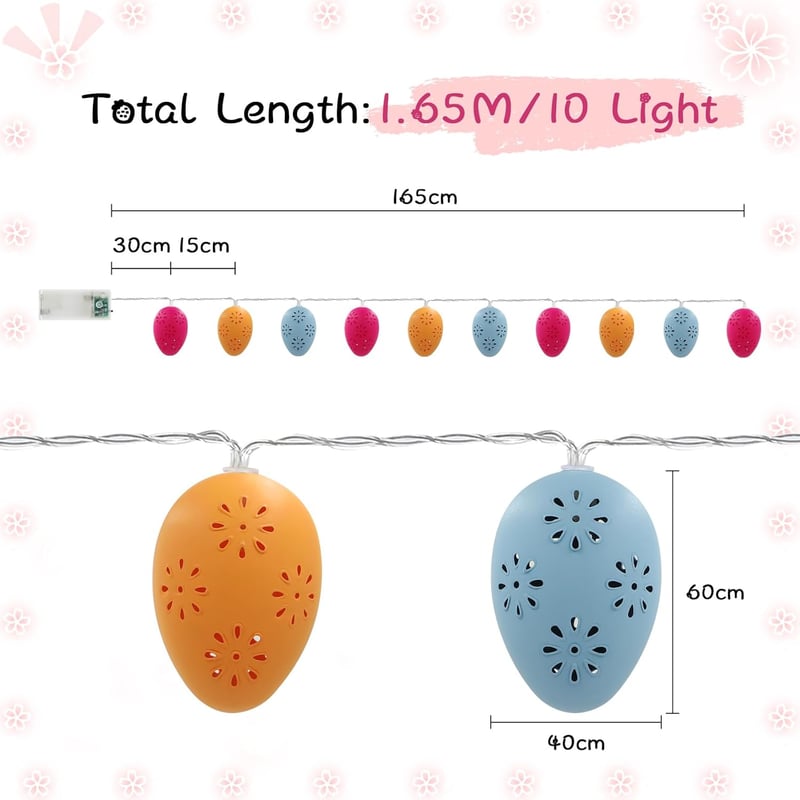 Liyade Húsvéti LED Tojás Fényfüzér - 10 Meleg Fehér LED, 1,65m, Időzítővel, Elemes - Dekoráció Ünnepekre, Asztalra, Kandallóra