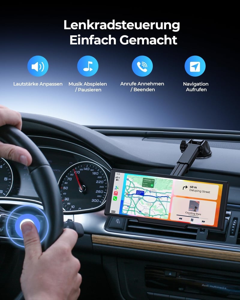 Krunia 8,1" Vezeték Nélküli Hordozható Autós Kijelző 60FPS - Apple CarPlay & Android Auto Támogatás, Tolatókamera, GPS Navigáció, Hangvezérl