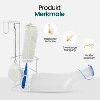 Hygiene100 Vizeletgyűjtő Palack Szett 1000ml - Ágytartóval, Fedéllel és Tisztítókefével - Tartós Műanyag, Mérőskálával Betegápoláshoz 3