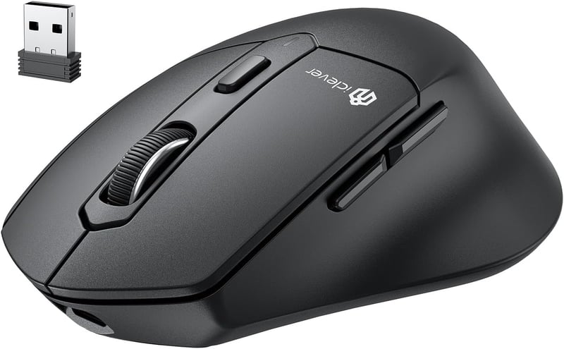 iClever MD360 Ergonomikus Bluetooth Egér - Vezeték Nélküli USB-C Tölthető Egér Jiggler Funkcióval, Csendes Kattintás, 3 Eszköz Csatlakoztatá