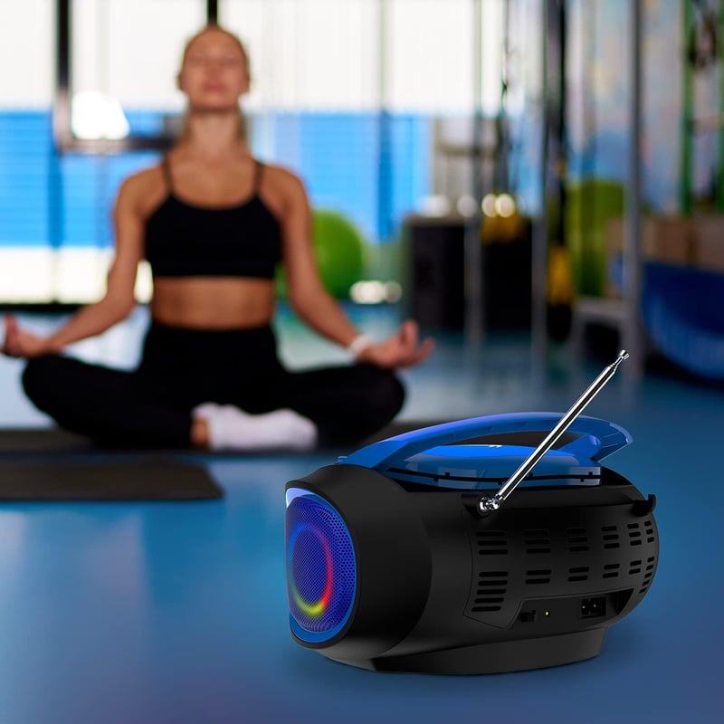 KLIM Boombox Hordozható CD Lejátszó - FM Rádió, Bluetooth, MP3, USB, AUX - Újratölthető Akkumulátor, Kompakt Kialakítás, RGB Világítás - Kék
