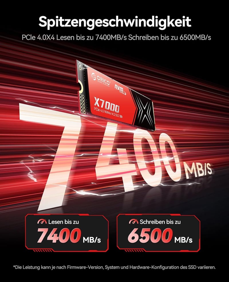 ORICO X7000 2TB M.2 NVMe SSD PCIe Gen 4 - 7400MB/s Sebesség, 17μs Válaszidő, PS5 és PC Kompatibilis, Hűtőbordával Ellátott Belső Meghajtó Já