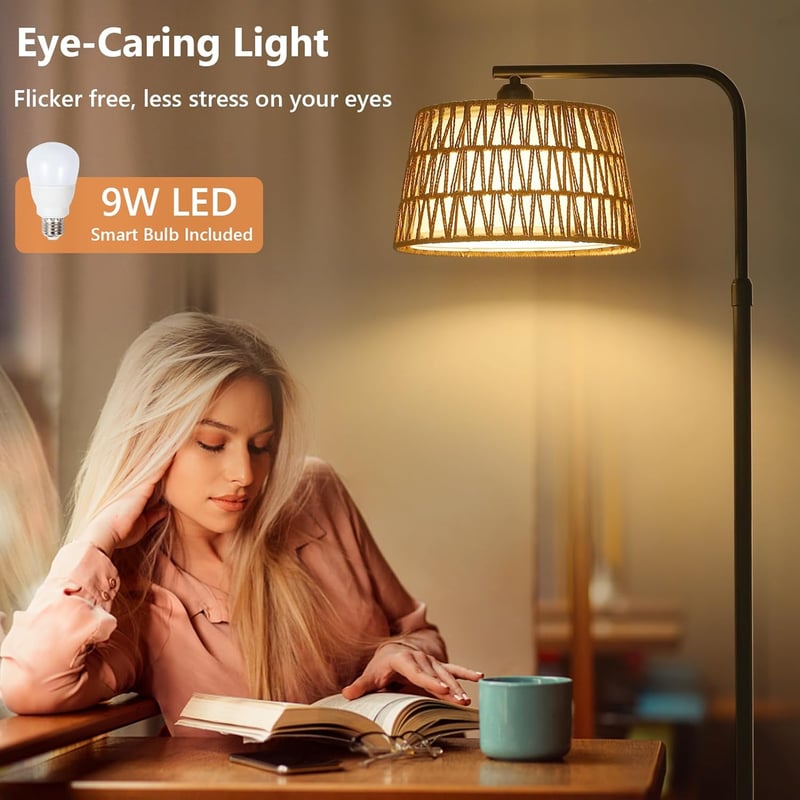 Rayofly Állólámpa Távirányítóval - Rattan Boho Állólámpa LED Izzóval, Alkalmazásvezérléssel, Rattan és Lenvászon Lámpaernyővel Nappali és H