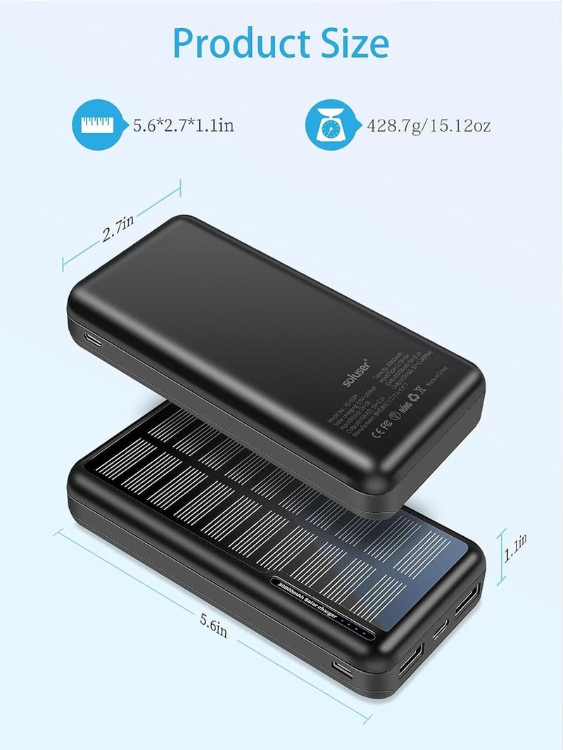 Napelemes PowerBank 48000mAh - Gyorstöltő külső akkumulátor 2 USB kimenettel