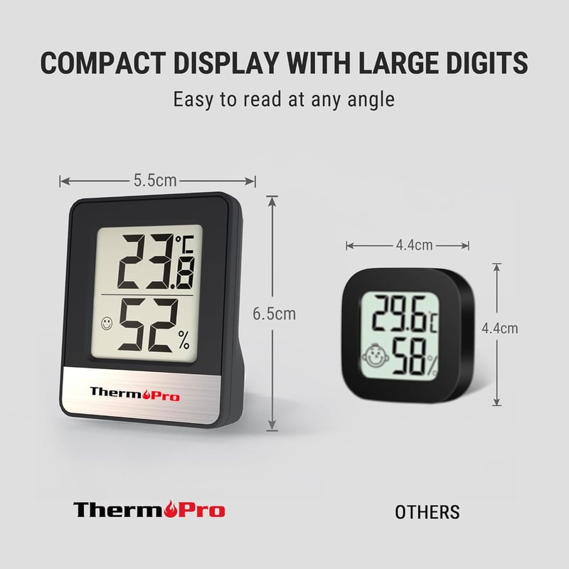 ThermoPro TP49 Digitális Mini Hőmérő és Páramérő - Beltéri Klímafigyelő Készülék Hangulatjelzővel, Fekete