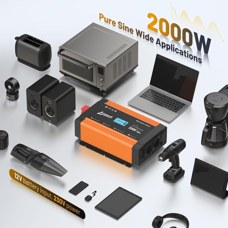 Ampeak 2000W/4000W tiszta szinuszos inverter, 12V-230V, USB és szivargyújtó csatlakozóval