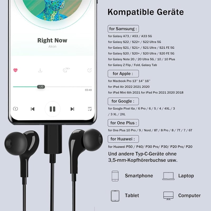 USB C Fülhallgató Mikrofonnal - Vezetékes Headset Hangerőszabályzóval Samsung Galaxy S24/S23/S22, iPhone 15/16 Pro Max és iPad 10 Készülékek