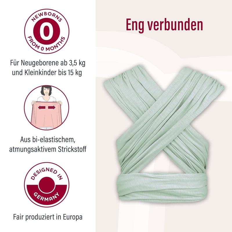 manduca Sling Rugalmas Babahordozó Kendő Újszülötteknek 3,5 kg-tól 15 kg-ig, Puha Bio Pamut Jersey Anyagból, Univerzális Méret, Menta Színbe
