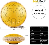 MeloBeat Tongue Drum 33 cm 15 Hangú - Professzionális Acél Handpan D-dúrban, Dalkönyvvel, Ütőkkel és Hordtáskával, Arany Színben 5