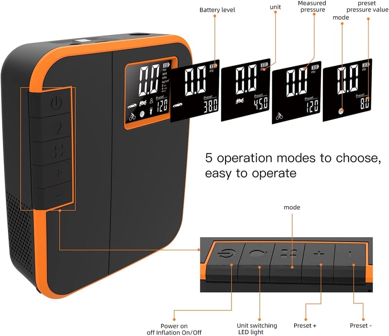 NewoCube DP3 Akkus Kompresszor - 12V Elektromos Pumpa Autóhoz, Biciklihez, Motorhoz (Narancssárga)
