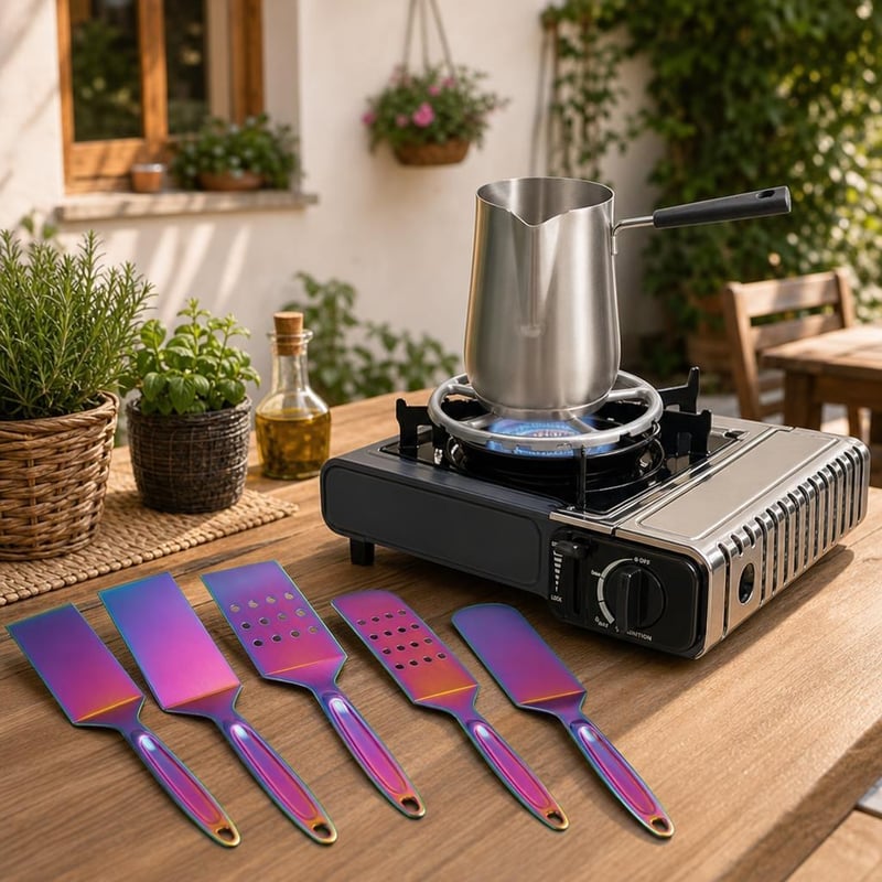 Kamperski set za kuhanje: prijenosno plinsko kuhalo + aluminijski stalak + 5-dijelni set za roštilj
