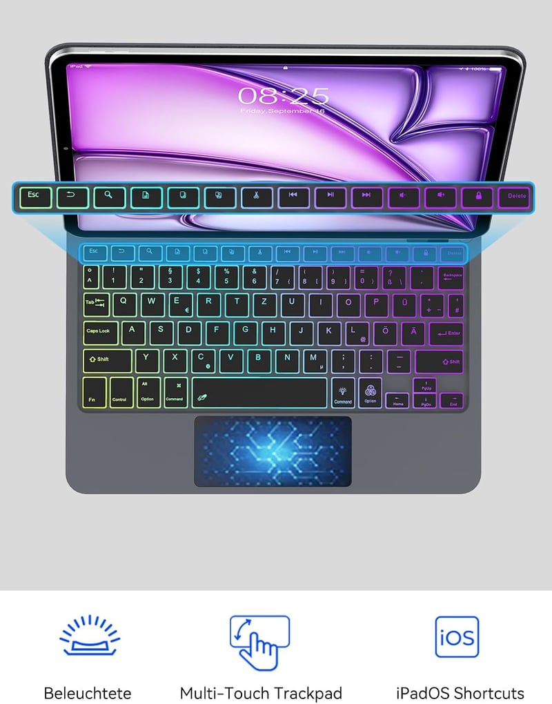 JADEMALL Magic Keyboard iPad Air 13 M2 2024 - Lebegő Állvány, Háttérvilágítás, Érintőpad és Gyorsbillentyűk, Bluetooth Billentyűzet Alumíniu