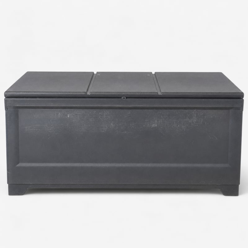 Használt Keter Cortina 100G kerti tároló láda, 380 L, szürke, fa hatású felület, 122,9 x 62,1 x 70,6 cm, kültéri párnatároló