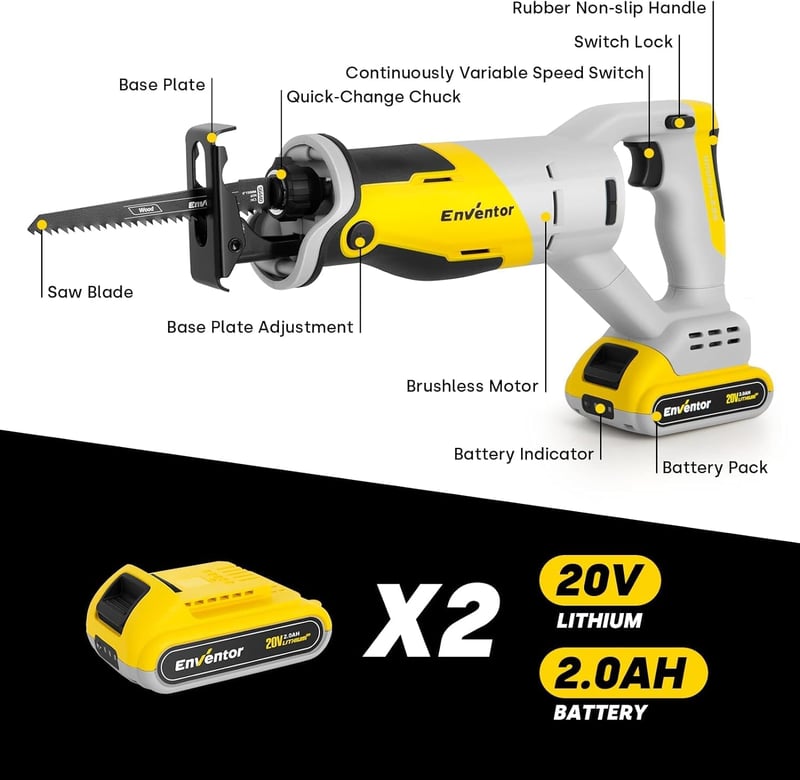 ENVENTOR 20V Akkus Orrfűrész Készlet 2x2000mAh Akkumulátorral, 3000 RPM Változtatható Sebesség, 5 Fűrészlappal, Fa/Fém/Alumínium Vágáshoz, G