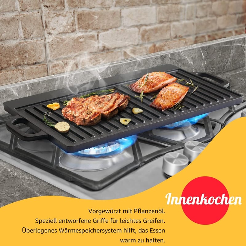 Overmont kétoldalas öntöttvas grillap fogantyúkkal, 50x23 cm, BBQ-hoz és tűzhelyhez