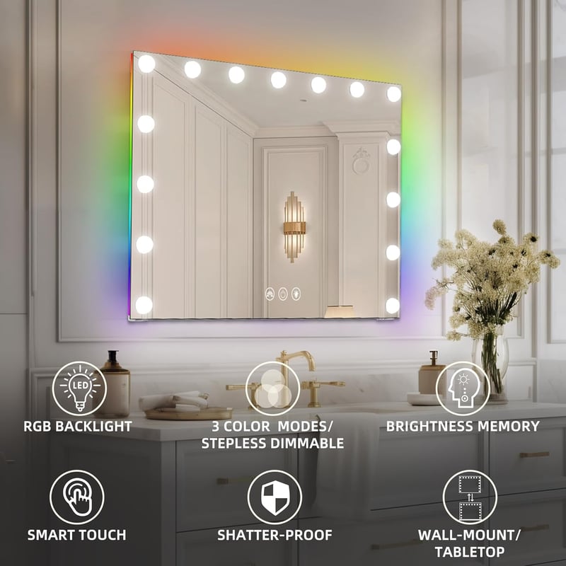 RGB Sminktükör LED Világítással - 65*56 cm - 15 Fényerőszintű Hollywood Tükör 3 Színhőmérséklettel, Érintésvezérléssel