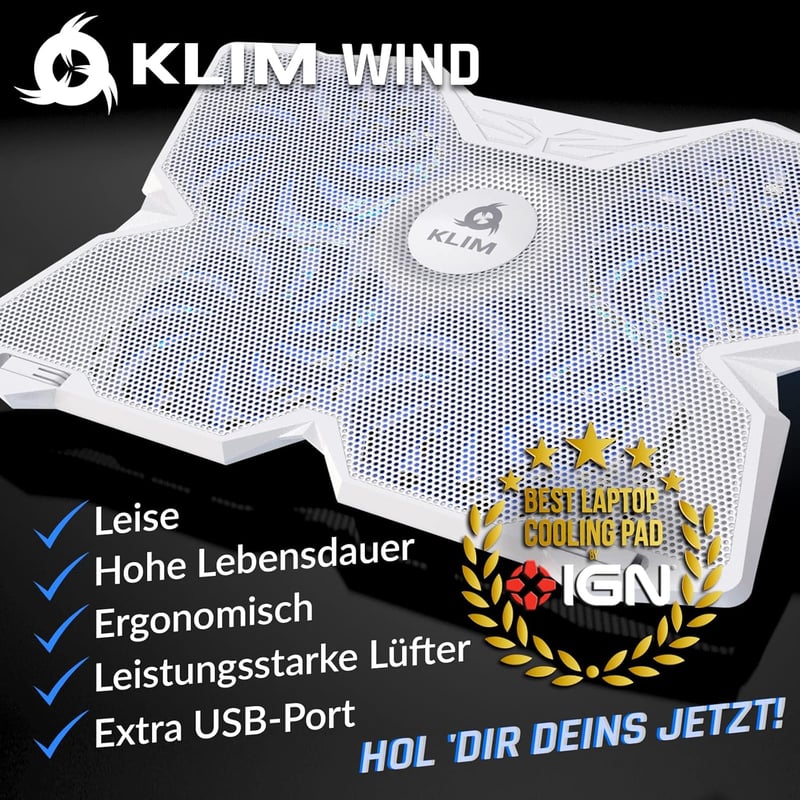 KLIM Wind Laptop Hűtő - 4 Ventilátoros Hűtőpad PC, Mac, Xbox, PS4 Eszközökhöz - USB Tápellátású, Stabil, Csendes - 11-17" Méretű Laptopokhoz