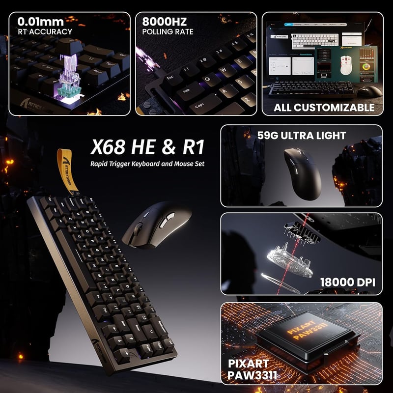 ATTACK SHARK X68 HE & R1 Gamer Billentyűzet-Egér Szett, 8000 Hz Gyorstrigger, 59g Szuperkönyű Vezeték Nélküli Egér, 18000DPI, RGB Háttérvilá