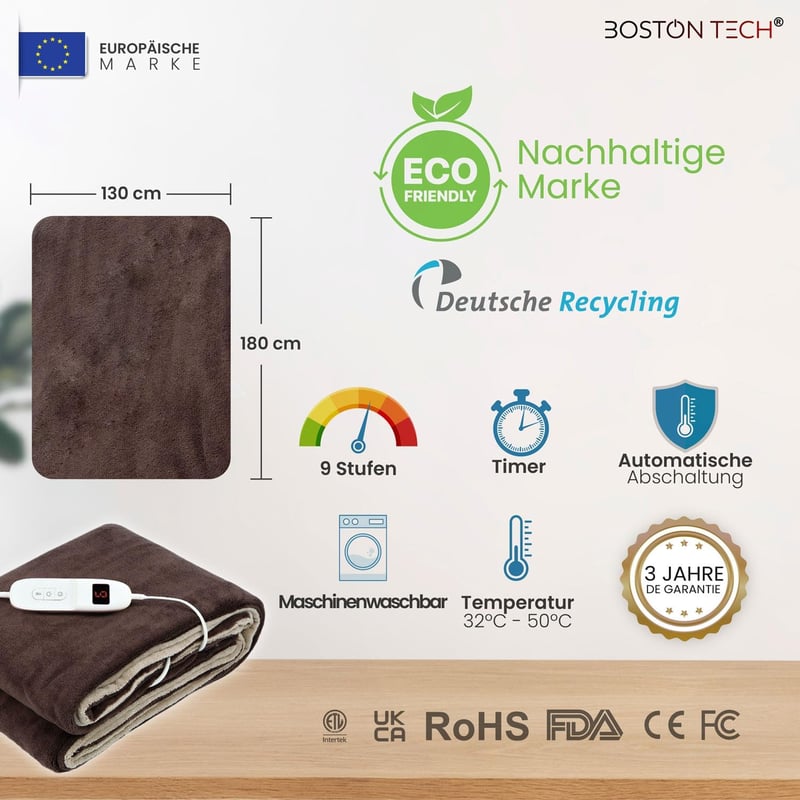 Boston Tech Comfortmax Elektromos Takaró, Dupla Méretű 180x130cm, 9 Hőfokozat, Levehető Vezérlőpanel, Gyors Fűtés, Automata Kikapcsolás, Mos