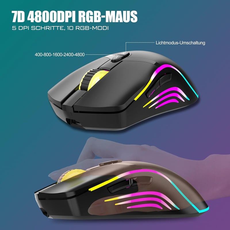 RedThunder K20 Vezeték Nélküli Gaming Billentyűzet és Egér Szett, RGB Háttérvilágítás, QWERTZ, 4800DPI, Újratölthető, PC/Mac Kompatibilis