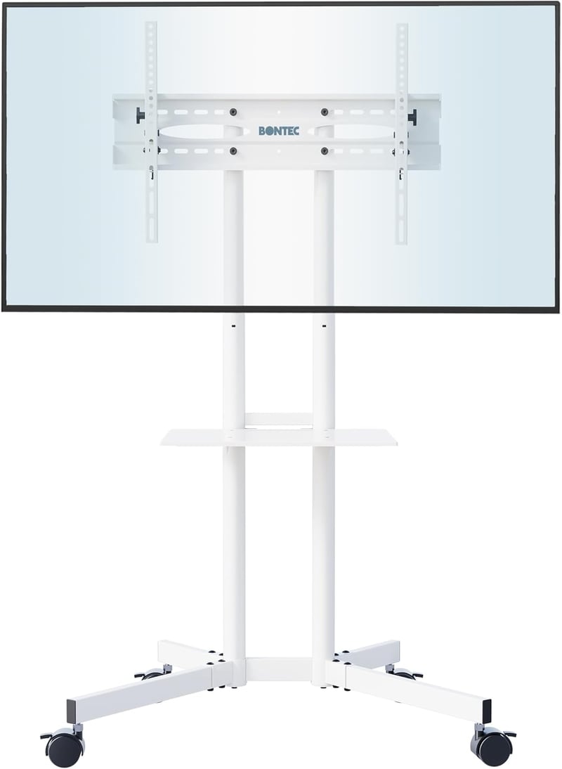 BONTEC TV állvány görgőkkel, 32-85" képernyőkhöz, 60kg-ig, fehér